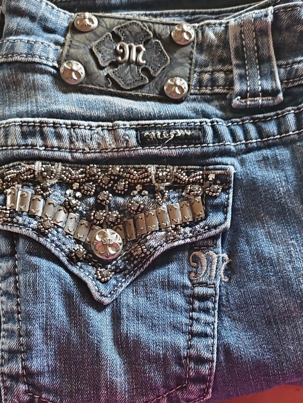 Miss Me Blue Boot Cut Jeans with Beaded Embellished Pocket
